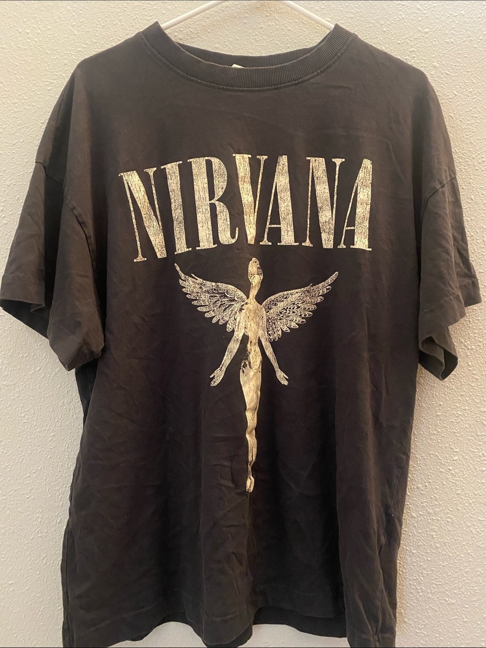 H&M Black Tee with Distressed Gold Angel and NIRVANA Logo